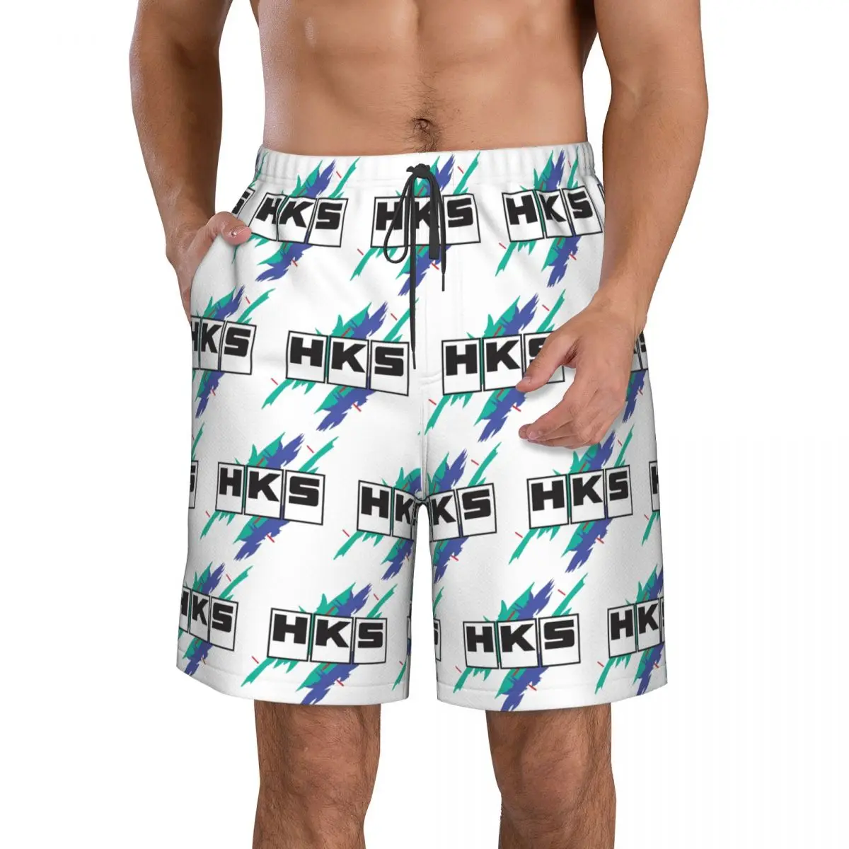 HKS Logo Car JDM Trunks Beach Board Shorts Casual Quick Dry Swim Summer Men Pants