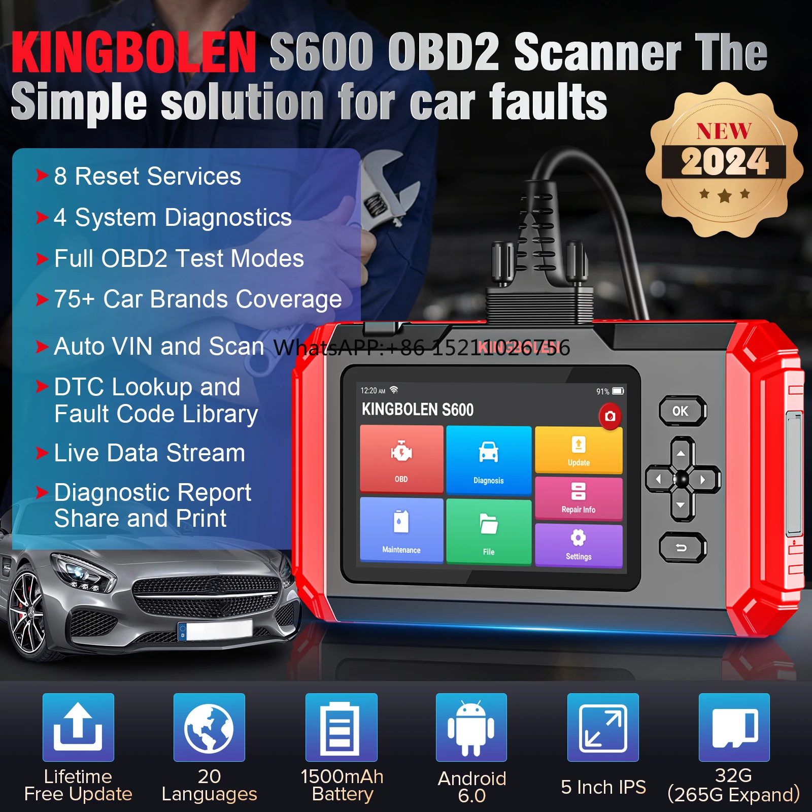 Hot Selling Kingbolen S600 Four System Car OBD2 Scan Tool with 8 Resets Vehicle Diagnostic Tools