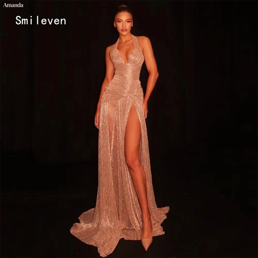 Amanda Customizd Halter V‑neck Sleeveless High Side Split Mermaid Evening dresses Champagne Glitter Sequin Glamorous Prom dress