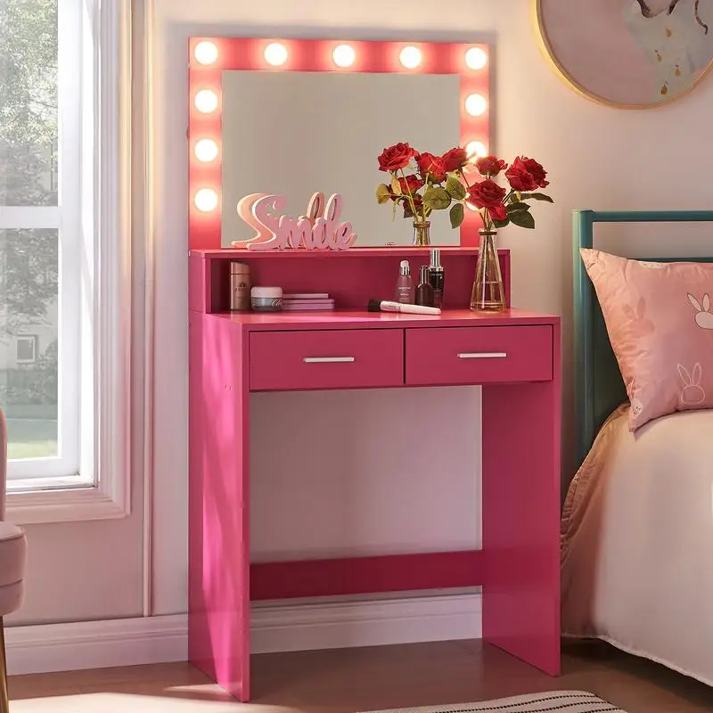 Vanity Desk with Mirror and Lights, Dressing Table with Large Drawer, 3 Lighting Modes Adjustable Brightness