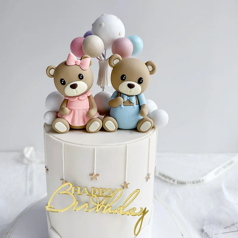 New 3D Pink Blue Bear Cake Topper Cute Mini Bear Doll Cake Decoration Boy Girl Birthday Party Gender Reveal Baby Shower Supplies image 2