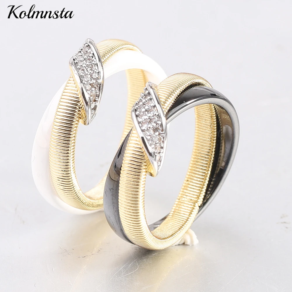 Kolmnsta Ceramic Double Band Ring Inlaid Slanted CZ Diamond TwoTone Gold Size 6-10 Fancy Promise Wedding Band for Women Men Gift