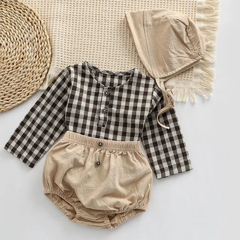 

Korean Style Infant Baby Boys Girls Clothes Suit Long Sleeved Cotton Plaid T-shirt+PP Shorts+Hat Spring Autumn Baby Set