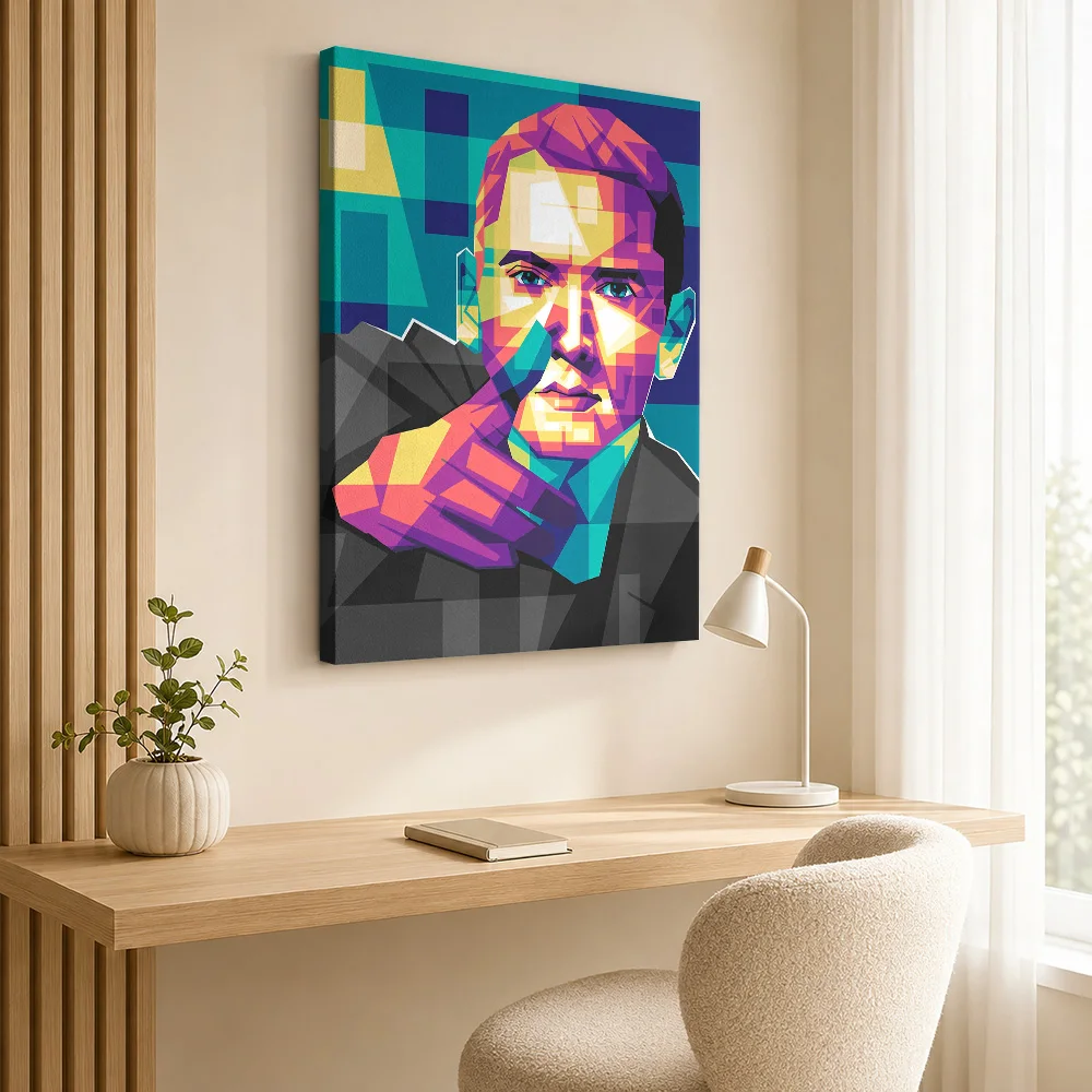 Rapper In Jacket Portrait Framed Canvas Poster Customized Photo Colorful Polygon Shapes Wall Art For Home Studio Birthday Gift