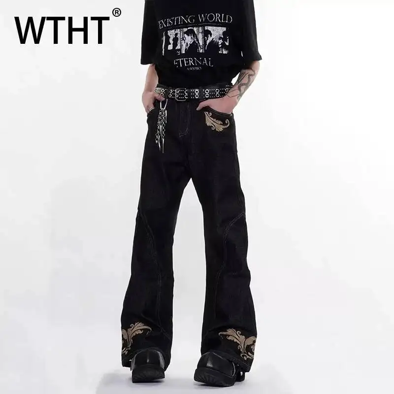

WTHT Vintage Men's Spliced Embroidery Contrast Color Design Denim Pant Fashion High Street Straight Jean Male 2026 Summer 2A3227