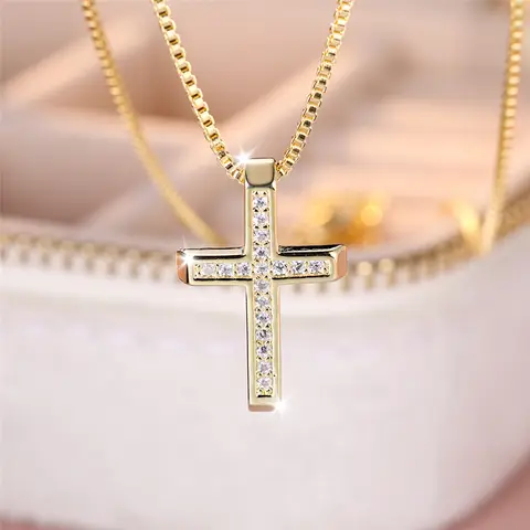 Collar con colgante de cruz de piedra de circón blanco de cristal para mujer, joyería de boda Vintage, Color oro amarillo, lujo