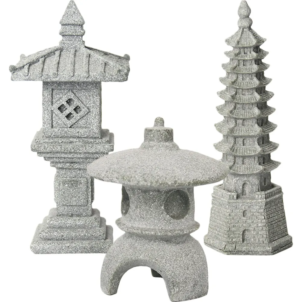 3Pcs Premium Stone Pavilion Statue Garden Decor Small Garden Decorations Mini Pagoda for Balcony Yard Zen Adornments Micro