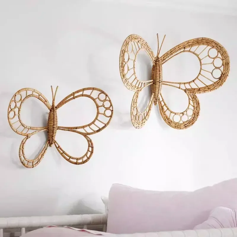 INS Natural Rattan Butterfly Children's Room Decora Hand Woven Butterfly Wall Ornaments Countryside Homestay Decor Photo Props