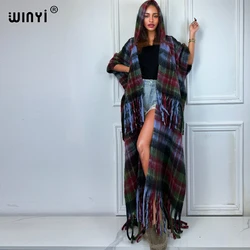WINYI Africa hooded coat for women Plaid print winter cardigan abaya outfit coat Open Front Kimonos long down poncho party dress