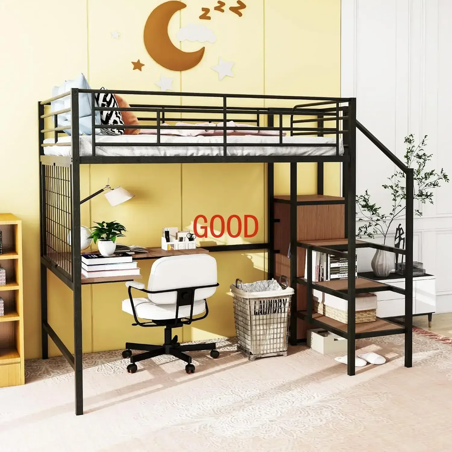 Full Size Metal Loft Bed with Desk and Metal Grid,Stylish Bed Frame W/Lateral Storage Ladder