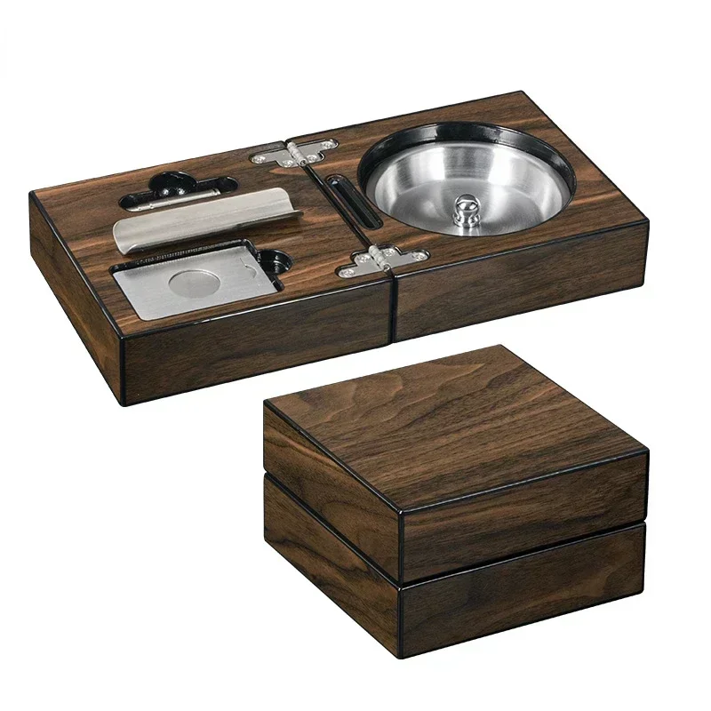 Multifunctional Walnut Wood Cigar Ashtray - Foldable Box with Cigar Cutter, Holder & Hole Opener, Home Smoking Accessories