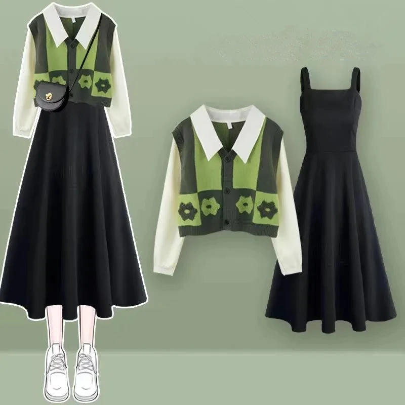 Women Spring Autumn Chic Floral Patchwork Sweater Shirt Tank Dress Set Korean Lady Graceful Knit Tops Sleeveless Dress Outfits