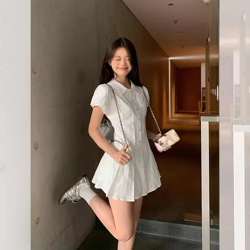 

Academy Style White Bubble Sleeved Shirt Dress for Women in the Summer of 2024 New Style With a Slim Waist and Sweet Short Skirt