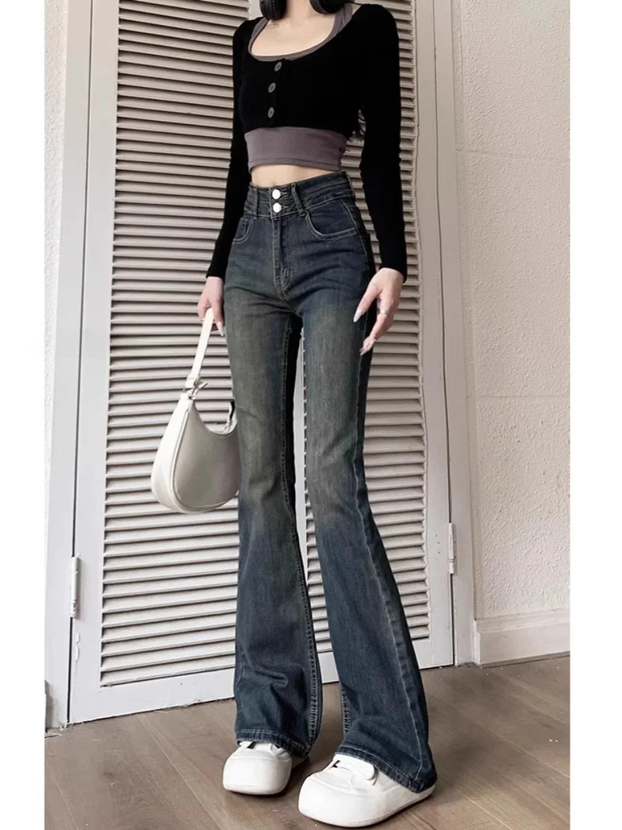 Retro Double Button Micro Flared Jeans Women's 2025 Spring Autumn New High Waist Slim Elastic Slimming  Hoof Pants