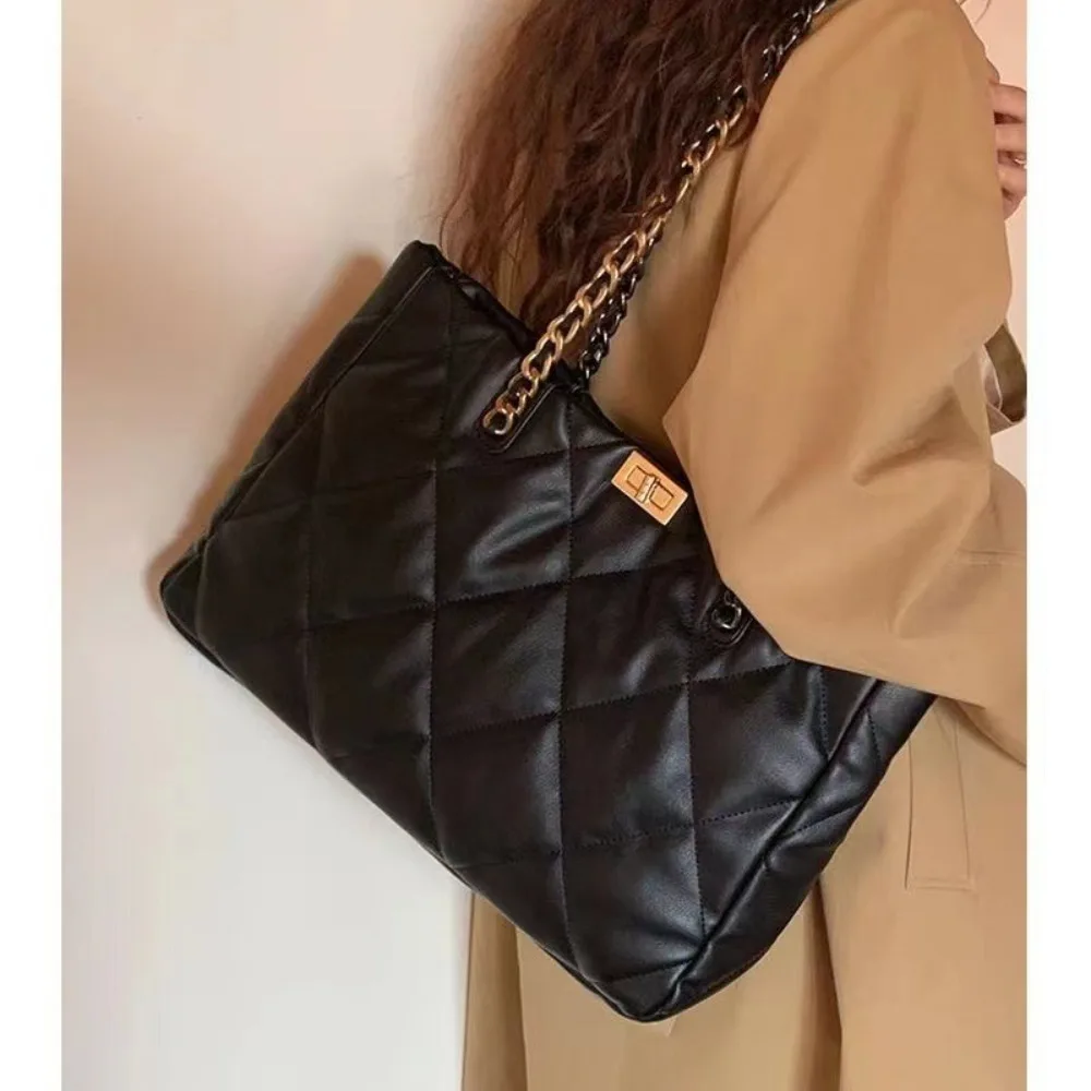 Fashion Womens Quilted Tote Bag Large Capacity PU Leather Shoulder Bag Chain Strap Handbag Casual Shopper Purse