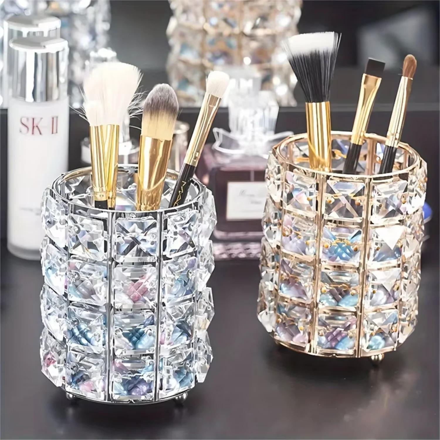 

"No-Power" Gold & Silver Crystal-Look Acrylic Makeup Organizer - Multi-Functional Cosmetic Brushes, Pens, And