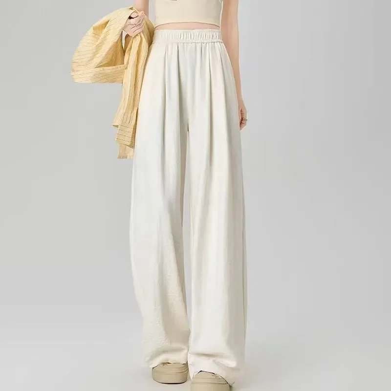 Summer Thin Texture Casual Straight Leg Pants Women's Loose Drapey Wide Leg Pants Comfortable High Waist Elastic Waistband