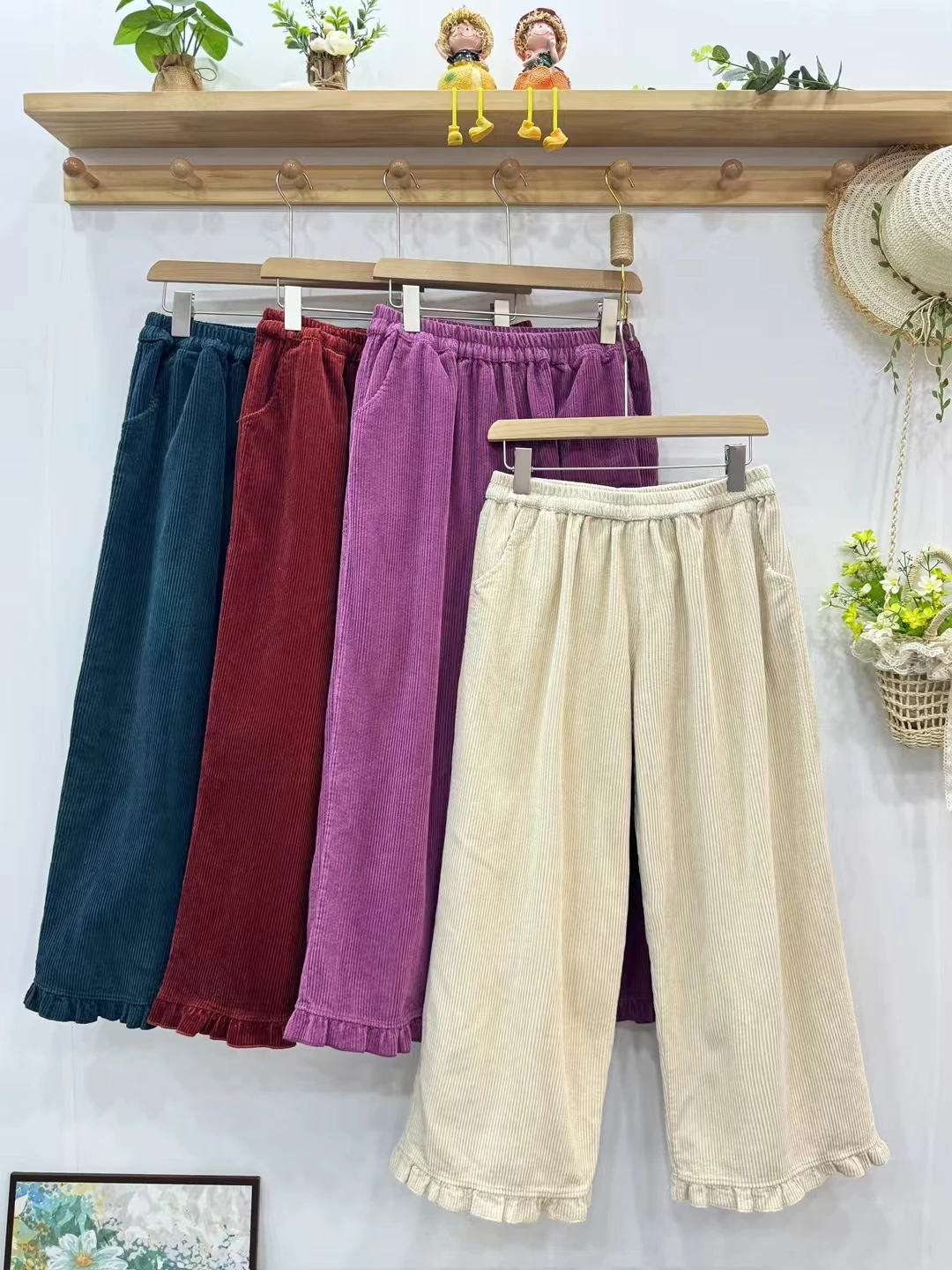 Autumn Winter Sweet Solid Color Corduroy Pants Women Elastic Waist Casual Pants