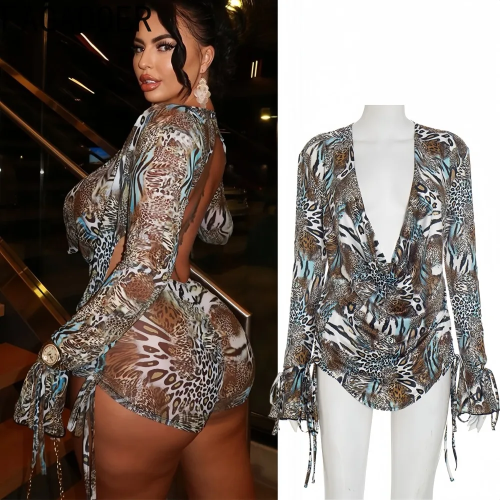 

FAGADOER Sexy Leopard Print Woman 2 Piece Set Outfit Deep V-Neck Backless Long Sleeves Crop Top + Shorts Female Streetwear New