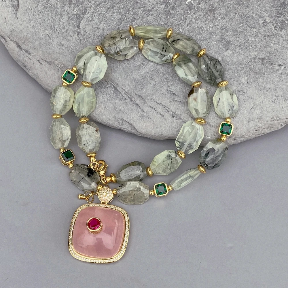Y·YING Real Green Prehnite Faceted Chunk Necklace Rose Quartz Square Red Cz Pendant Gem Stones Jewelry Fashion