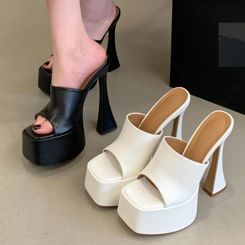 

Women's Square Open Toe Faux Leather Slip‑On Platform Flared Heel Mule Sandals,Minimalist Sexy Evening Party Footwear,Drop Ship