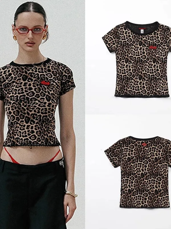 

Сексуальная футболка с леопардовым принтом для американских девушек, уличная летняя мода, женский ор-топ, повседневная спортивная одежда