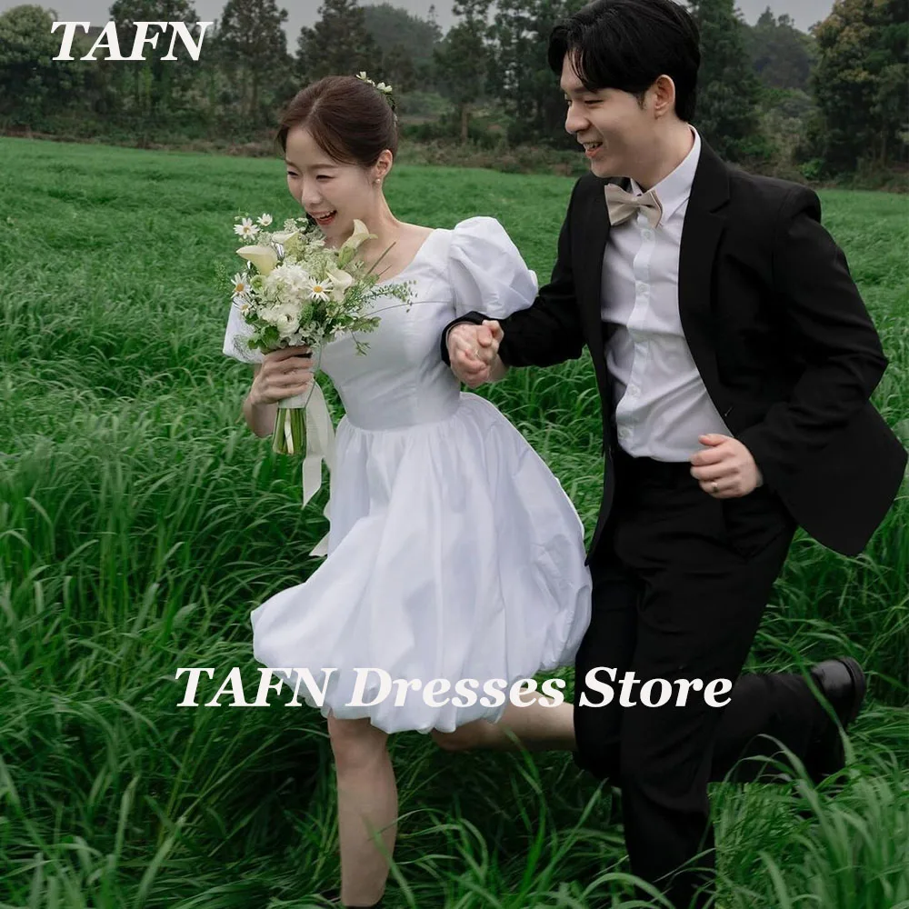 TAFN Korea Short Wedding Reception Dresses Puff Sleeves Scoop Collar Bridal Gown Princess A-line Mini Lovely Dresses