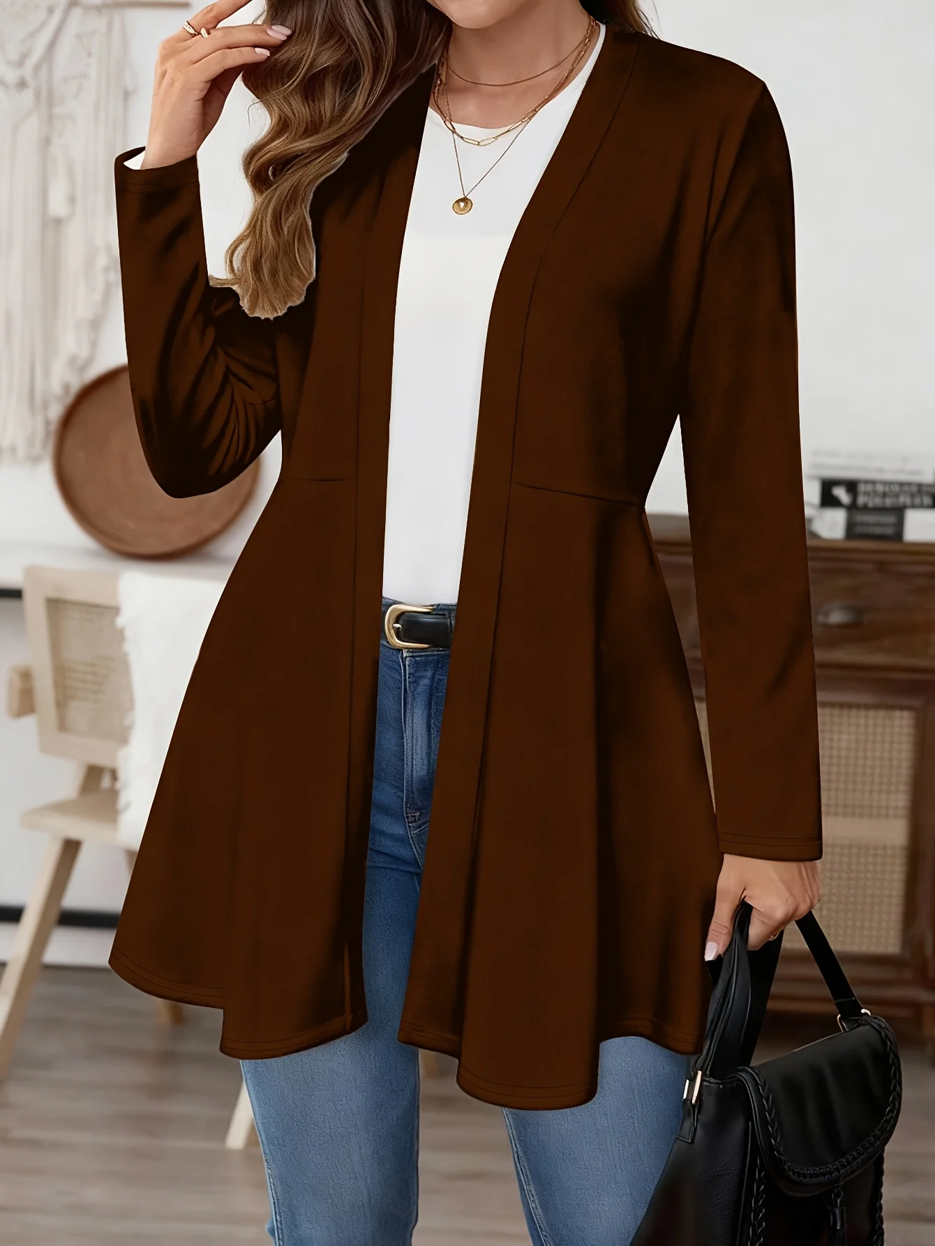 Plus Size Women Open Front Cardigan, Long Sleeve Solid Color Mid-Length Coat, Loose Casual Fall Winter Outerwear Tops view 4