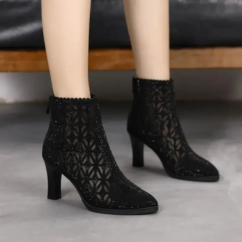 Women Hollow Mesh Ankle Boots Summer Fashion Rhinestone Square Heel Pointed Toe Zipper Sandals Casual High Heels Shoes