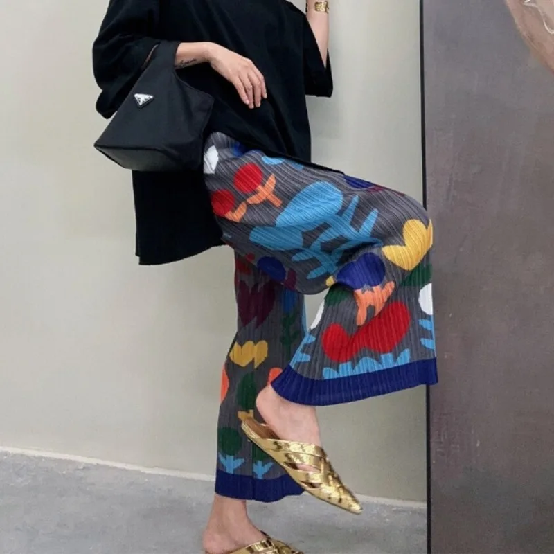 

Miyake Pleated Printed Pants 2025 Fall New Pleats Senior Sense Wide-legged Pants Set Female Loose Thin Nine-minute Pants Fashion