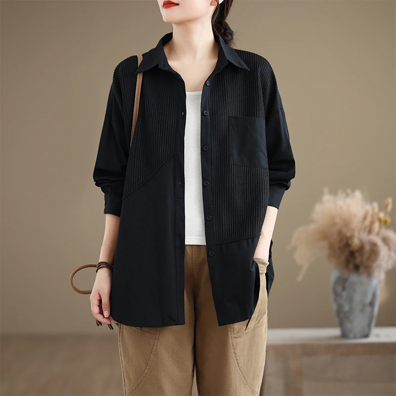 Feminino malha retalhos cor blo longo sve irt coreano sle solto ajuste cor pura botão acima cardigan casaco topo