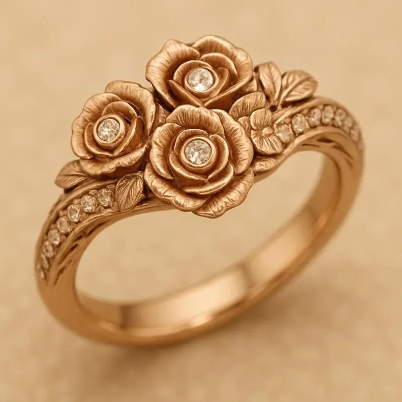 Vintage Inlaid White CZ Rose Flower Women's Ring Trendy Golden Color Hand Carving Daily Wear Party Jewelry Anniversary Gift
