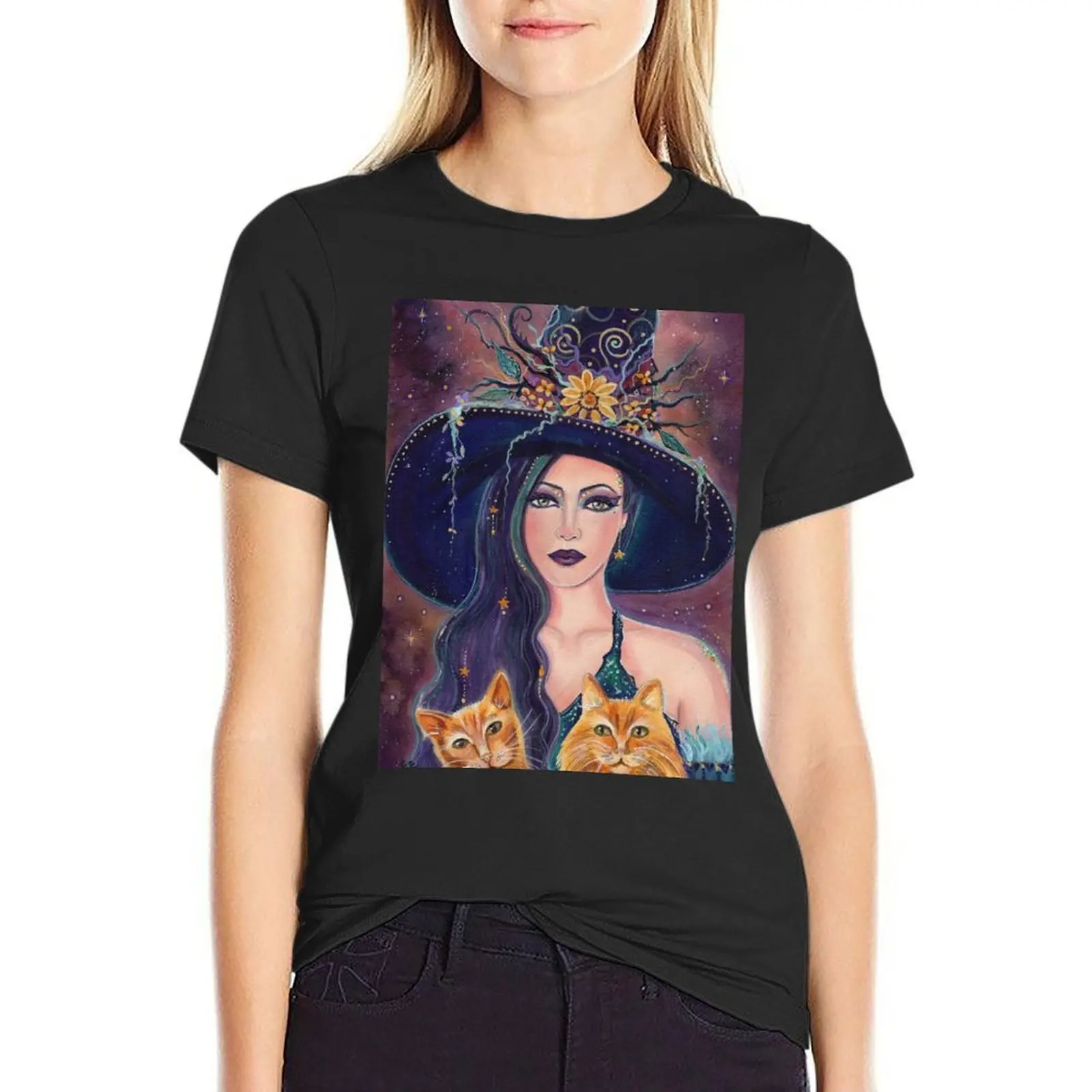 Jinx and Jazz Halloween witch with cats by Renee Lavoie T-Shirt summer tops cute clothes tshirts woman