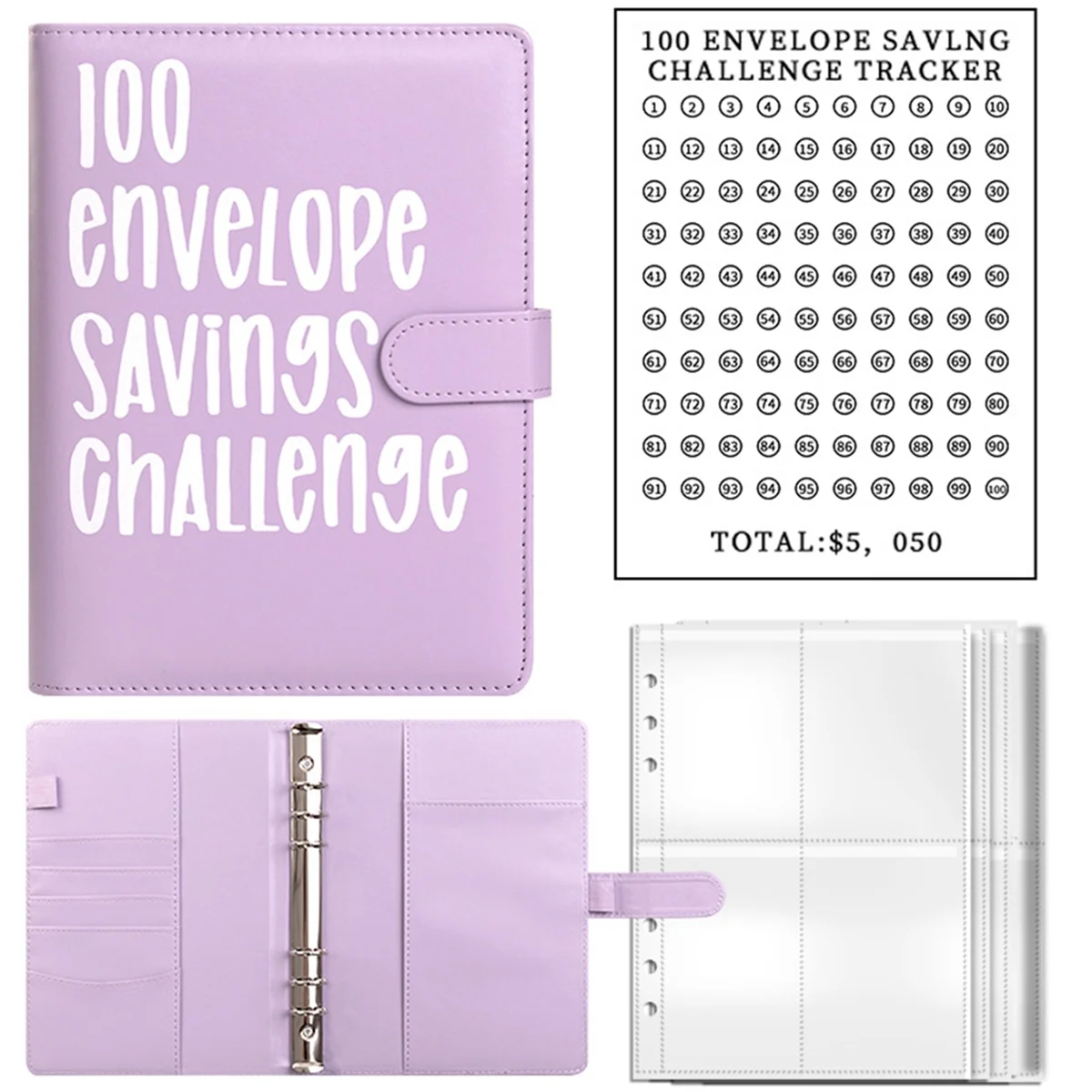 100 Savings Challenges Book with Envelopes,A5 Envelope Challenge Binder,With Cash Envelopes-Savings Challenges(Purple)