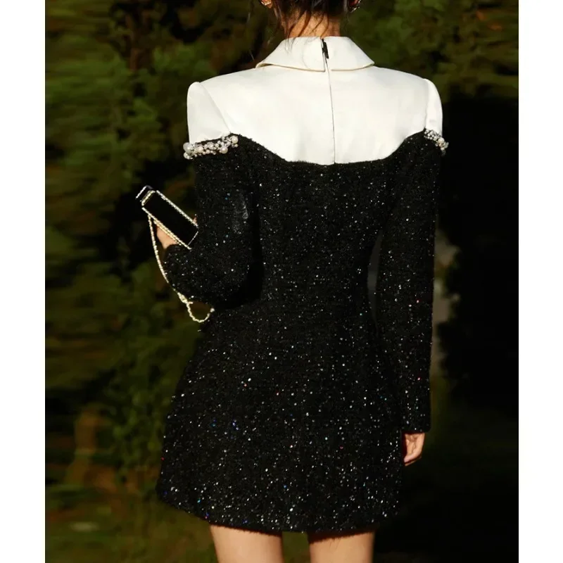 Socialite Autumn Sequined Beaded Mini Dress Ladies 2024 Winter New Luxury Pearl Slim Long Sleeve Birthday Short Dresses Feminino