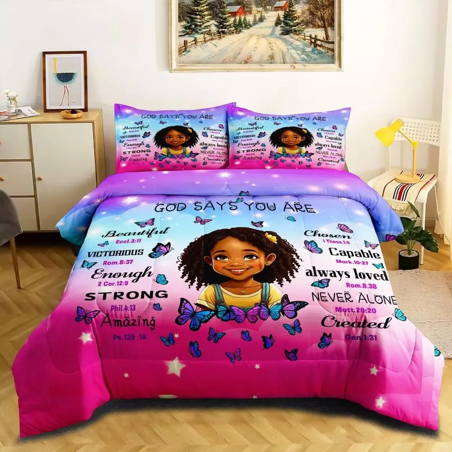 

Комплект одеял для девочек, размер королевы для детей, волшебный комплект постельного белья для черных девочек, подбородок, что ты христианское одеяло для спальни, наборы