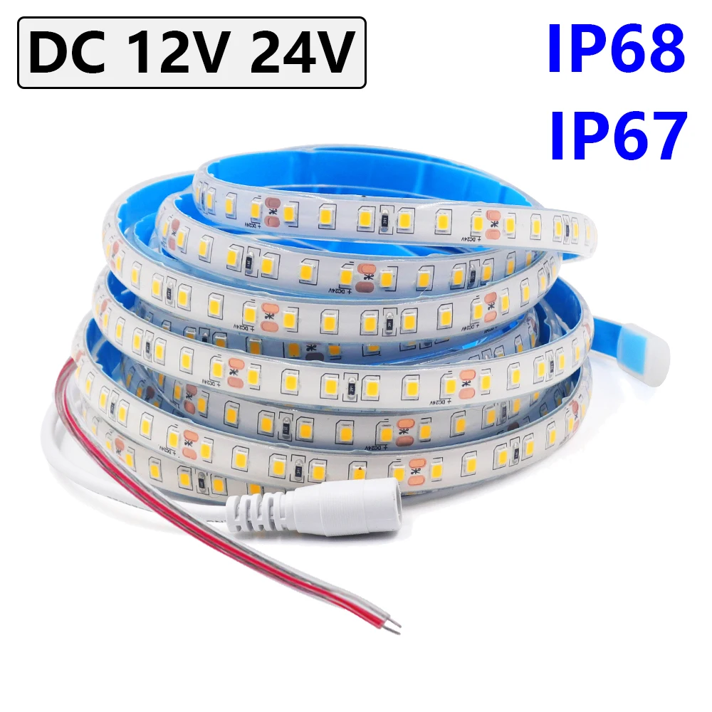 Impermeável ao ar livre LED Light Strip, fita flexível, IP67, IP68, 12V, 24V, SMD, 2835, 120LEDs por metro, branco quente, branco natural, branco