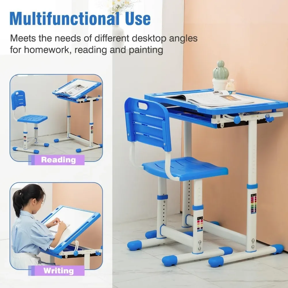 Children's desk and chair set, height adjustable children's learning desk with drawer storage space