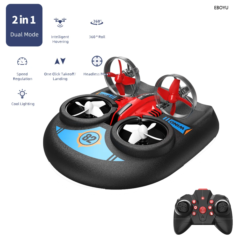 EBOYU-Drone 6082 RC 2.4 mesurz 2 en 1, Avion, Bateau, Véhicule Volant, Air, Bateau, Conduite sur Terre, Maintien d'Altitude, Sauna, Mode Sans Fil, Quadrirotor