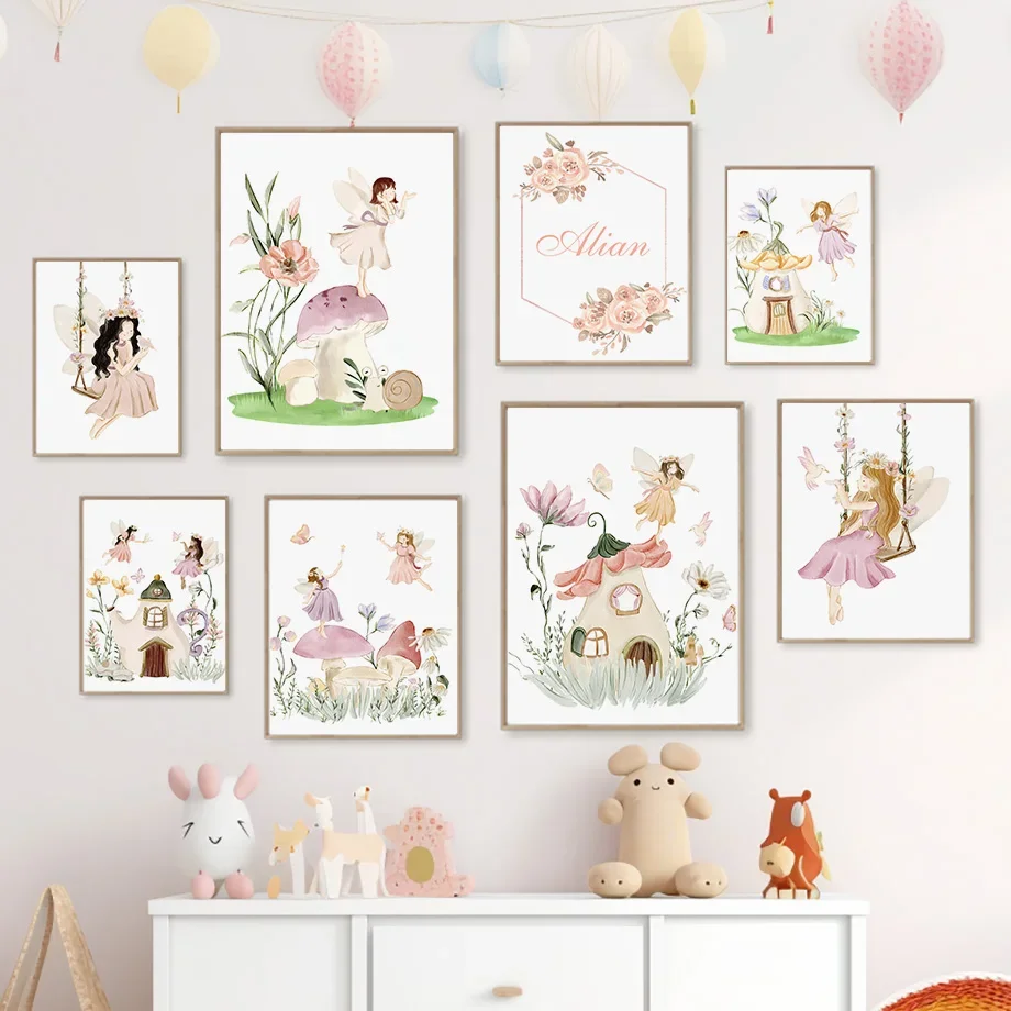 Arte de pared de seta personalizado con nombre de mariposa, pintura en lienzo, carteles e impresiones, imágenes rosas, decoración de habitación de bebé y niños
