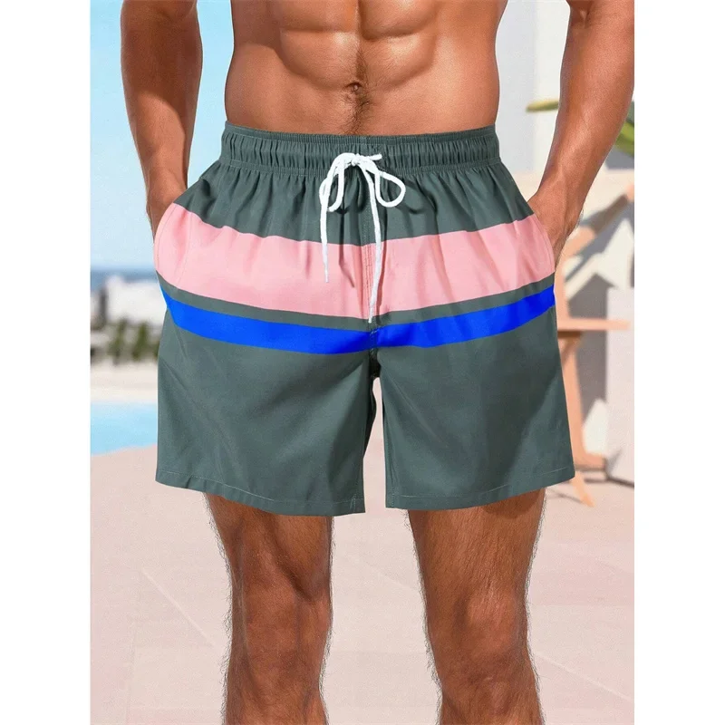 Pantaloncini da spiaggia con motivo a strisce colorate per uomo Cuciture colorate Costume da bagno stampato in 3D Pantaloncini da surf estivi Hawaii Pantaloni corti larghi