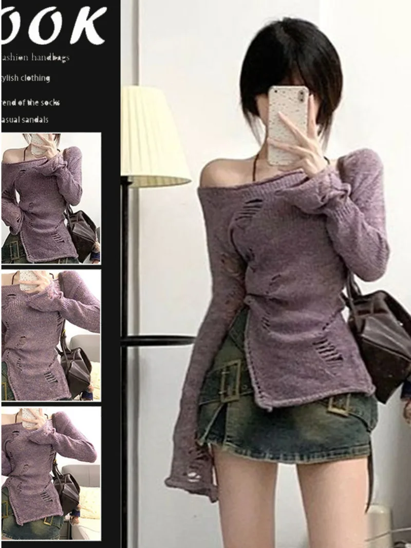 

Irregular knitted sweater for women's autumn wear new style with holes slim fit solid color sweet spicy style long sleeved G4JV