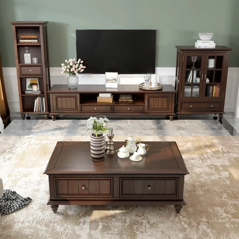 

American Country Solid Wood TV Cabinet Modern Minimalist Living Room Ash Wood Distressed