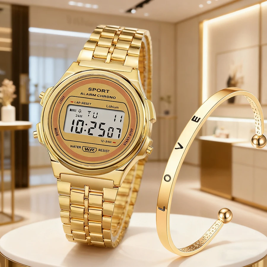 Fashion Women Watches Set Light-luxury Ladies Electronic Wristwatch with Bracelet Retro Style LED Digital Display Sports Clock