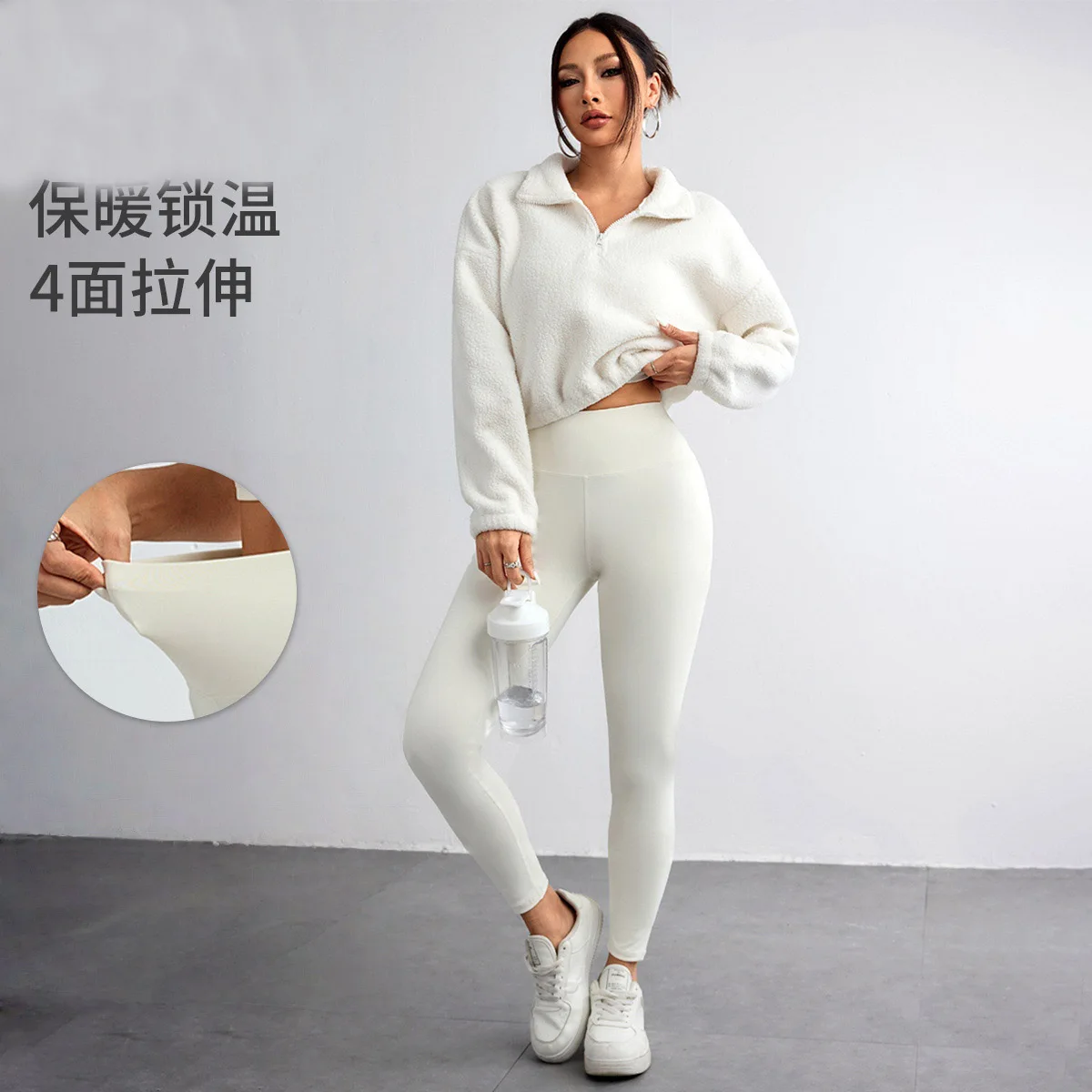 New Autumn and Winter Solid Color Stretch Yoga Suit with Fleece-Lined Half-Zip Hoodie Set Three-Piece Sports Fitness Set