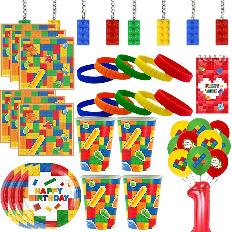 Set de Decoración para Fiesta de Cumpleaños con Bloques de Construcción, Globos, Adorno para Pastel, Vajilla de Papel, Mantel, Vasos, Platos y Palomitas para Suministros de Fiesta