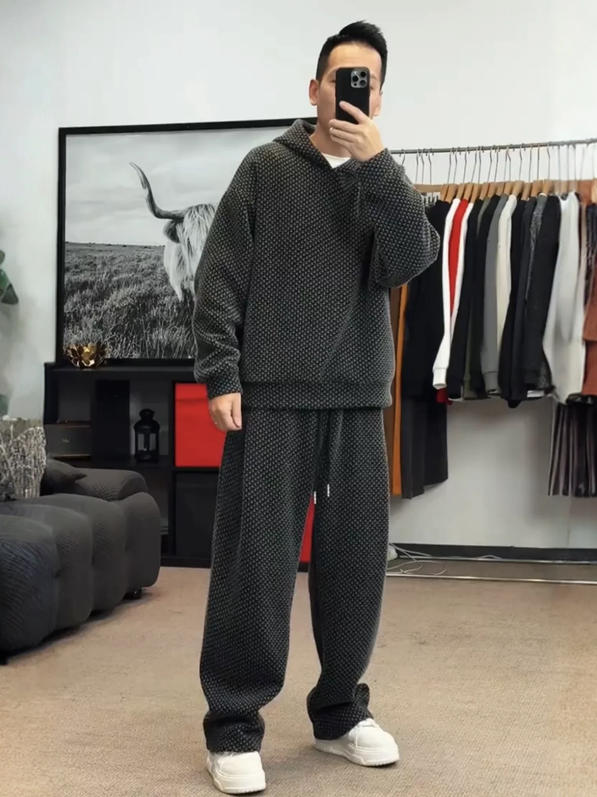 

Men's Winter Heavyweight Plaid Hooded Casual Set Anti-Cold Warmth Sweatirt Long Pants Two-Piece Set Polyester Fiber Long Sl...