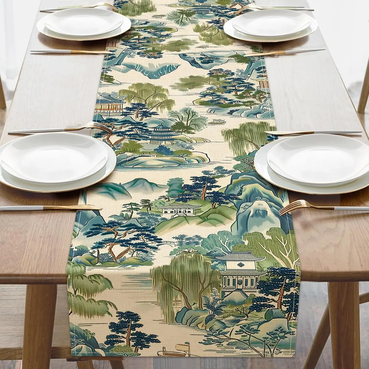 Chinoiserie Landscape Painting Linen Table Runner Home Table Decor Reusable Kitchen Dining Table Runner Holiday Party Decor