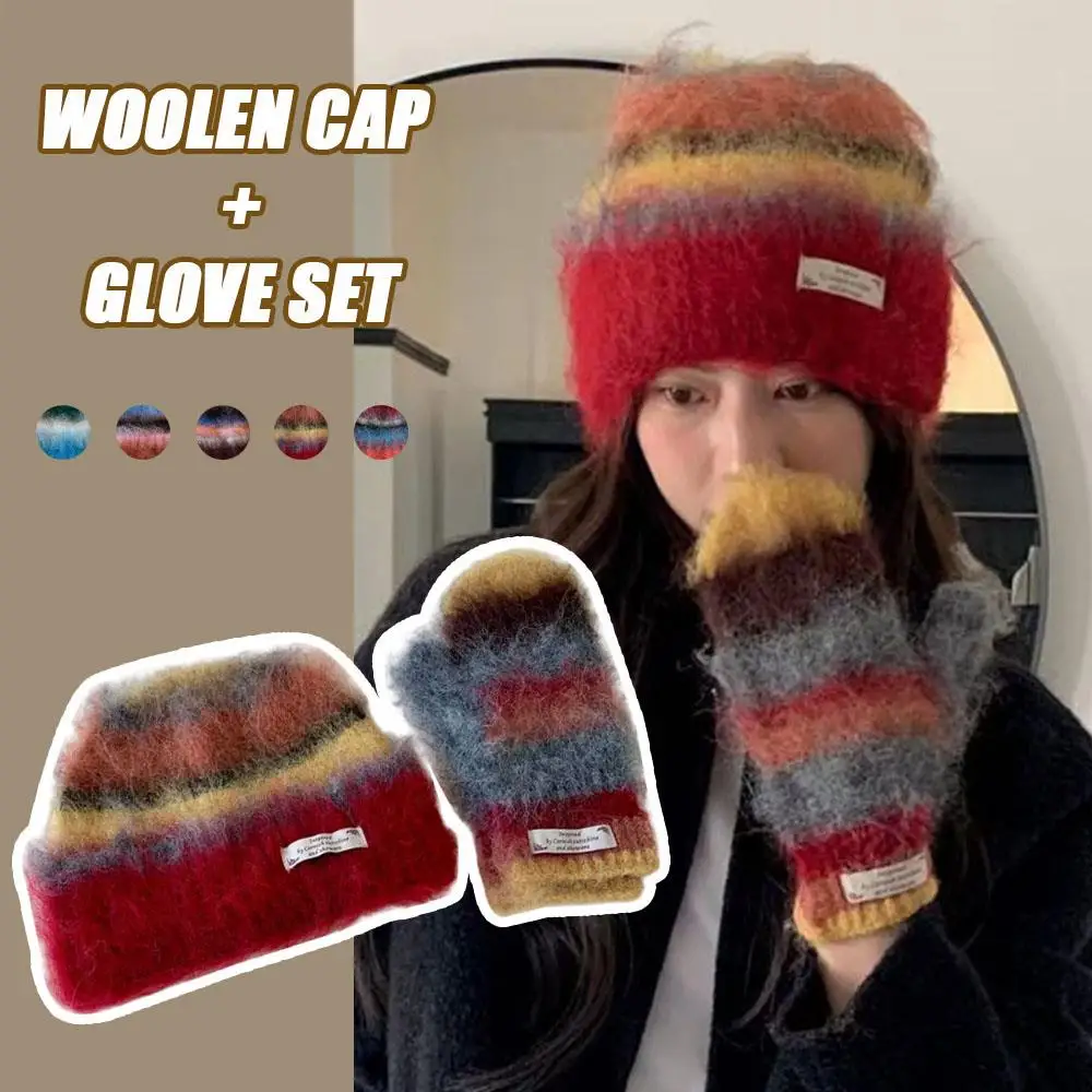 

Two Piece Set Mohair Rainbow Winter Coldproof Gloves Cap Set Plush Knitted Ear Protection Cap Gradient Color Mittens for Women