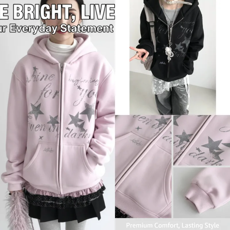 

Star Letter Hoodies Girls Punk Y2K Print 100% Cotton Fleece Lined Sweatshirt Winter Sweet Warm Loose High Street Jacket Top New